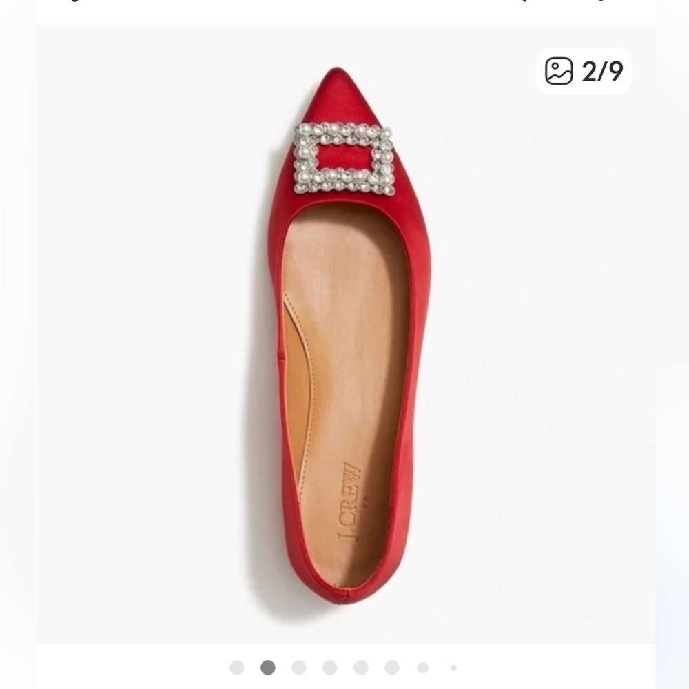 Red Flats Point Toe Crystal Pearl Buckle satin J.crew $150 formal classic casual